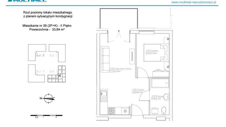 Rzut - Mieszkanie na sprzedaż 2 pokoje o powierzchni 33,84 m² - numer 39D w Dominów Rynek
