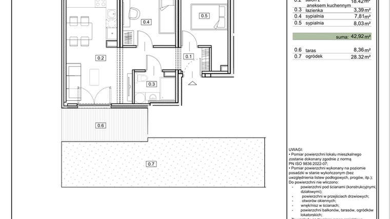 Rzut - Mieszkanie na sprzedaż 3 pokoje o powierzchni 42,92 m² - numer ZL-1.1 w Zielony Lewandów