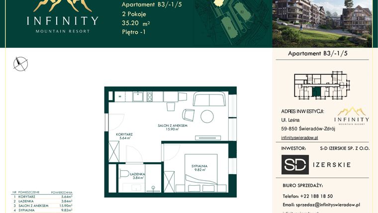 Rzut - Mieszkanie na sprzedaż 2 pokoje o powierzchni 35,2 m² - numer B3.-1.5 w Infinity Mountain Resort