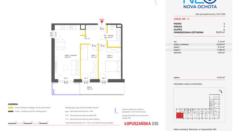 Rzut - Mieszkanie na sprzedaż 3 pokoje o powierzchni 55,87 m² - numer 14 w Neo Nova Ochota