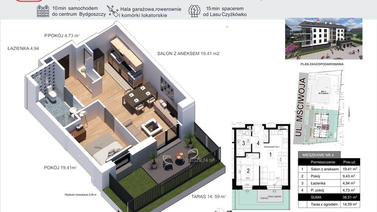 Rzut - Mieszkanie na sprzedaż 2 pokoje o powierzchni 38,51 m² - numer 4 w Mściwoja MS-12