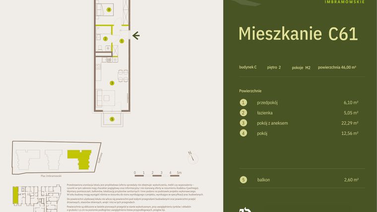 Rzut - Mieszkanie na sprzedaż 2 pokoje o powierzchni 46 m² - numer C61 w Osiedle Imbramowskie