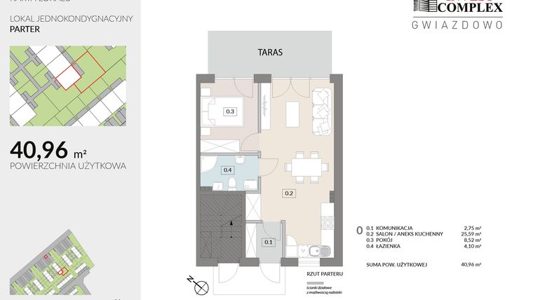 Rzut - Mieszkanie na sprzedaż 2 pokoje o powierzchni 40,96 m² - numer A56.1 w Osiedle Gwiazdowo etap 6B