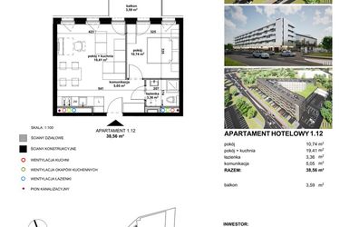 Rzut - Mieszkanie na sprzedaż 2 pokoje o powierzchni 48,22 m² - numer 1.12 w Apartamentowiec Zwycięska 3 - inwestycyjne