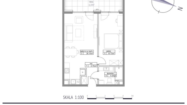 Rzut - Mieszkanie na sprzedaż 2 pokoje o powierzchni 49,88 m² - numer E23 w Apartamenty na Klifie bud. D, E i F