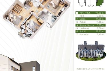 Rzut - Mieszkanie na sprzedaż 4 pokoje o powierzchni 74,19 m² - numer 19.M8 w Osiedle Leśny Zakątek