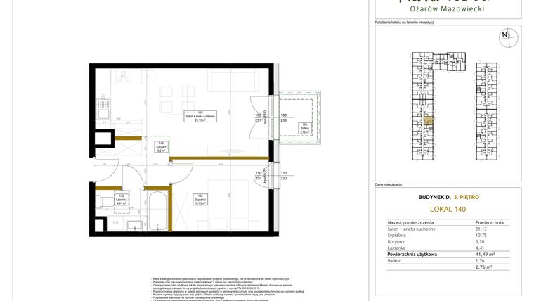 Rzut - Mieszkanie na sprzedaż 2 pokoje o powierzchni 41,49 m² - numer 140 w Aura Nova etap II