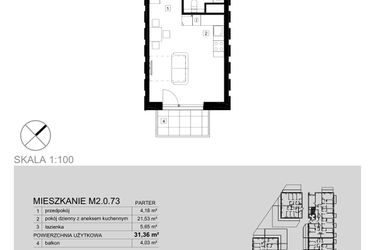 Rzut - Mieszkanie na sprzedaż 1 pokój o powierzchni 31,36 m² - numer M2.0.73 w Modern Helenów