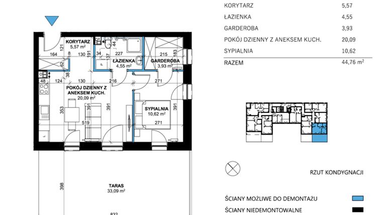 Rzut - Mieszkanie na sprzedaż 2 pokoje o powierzchni 44,76 m² - numer 7 w Comfort Corner