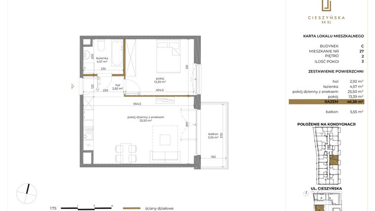 Rzut - Mieszkanie na sprzedaż 2 pokoje o powierzchni 46,38 m² - numer C-27 w Cieszyńska 9 budynek B i C