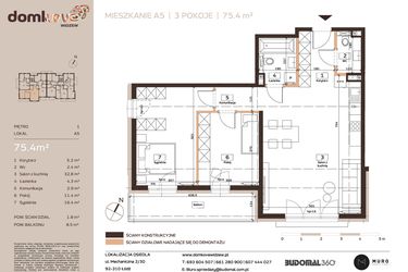 Rzut - Mieszkanie na sprzedaż 3 pokoje o powierzchni 75,4 m² - numer A5 w Domkove Widzew