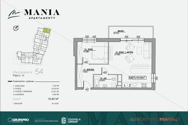 Rzut - Mieszkanie na sprzedaż 2 pokoje o powierzchni 50,86 m² - numer 54 w MANIA Apartamenty