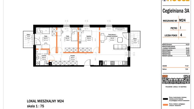 Rzut - Mieszkanie na sprzedaż 4 pokoje o powierzchni 77,47 m² - numer 24 w Osiedle StaLove etap II