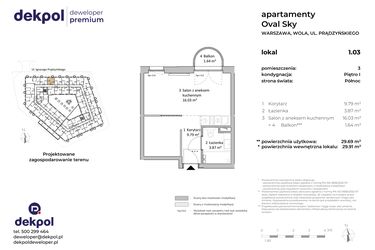 Rzut - Mieszkanie na sprzedaż 1 pokój o powierzchni 29,69 m² - numer 1.03 w OVAL SKY