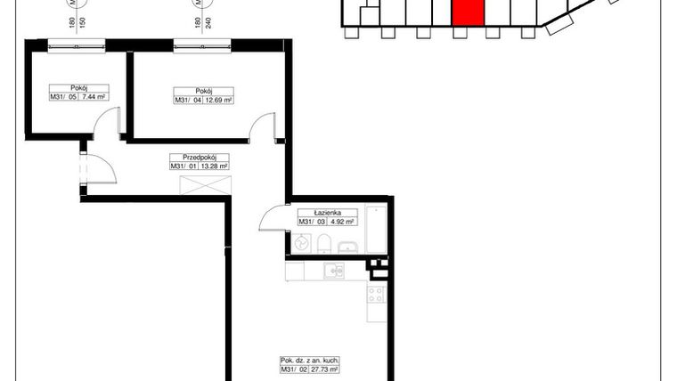 Rzut - Mieszkanie na sprzedaż 3 pokoje o powierzchni 66,06 m² - numer 31 w Światowida 61B