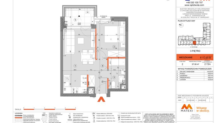 Rzut - Mieszkanie na sprzedaż 2 pokoje o powierzchni 37,3 m² - numer F1.C.03.02 w Splot Wola