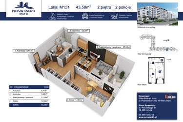 Rzut - Mieszkanie na sprzedaż 2 pokoje o powierzchni 43,58 m² - numer 131 w Nova Park etap III