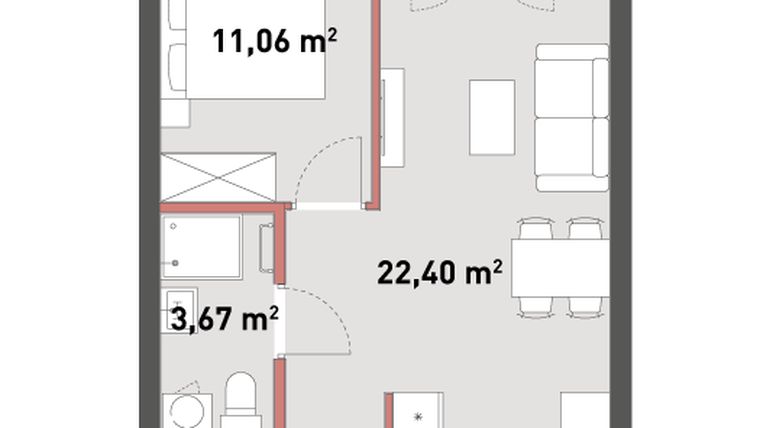 Rzut - Mieszkanie na sprzedaż 2 pokoje o powierzchni 41,4 m² - numer A.05.06 w Żelazna 54