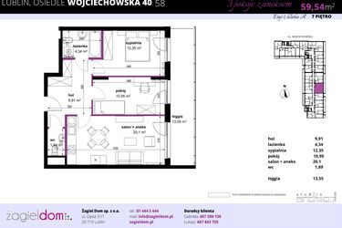 Rzut - Mieszkanie na sprzedaż 3 pokoje o powierzchni 59,54 m² - numer 58 w Wojciechowska Square