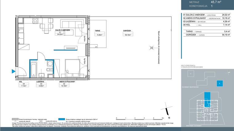 Rzut - Mieszkanie na sprzedaż 2 pokoje o powierzchni 45,62 m² - numer E.1.06 w Nordic Bemowo - etap IV