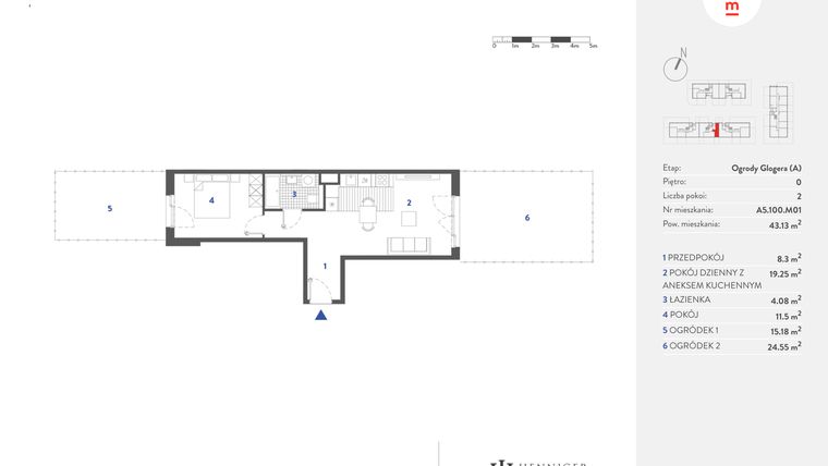 Rzut - Mieszkanie na sprzedaż 2 pokoje o powierzchni 43,27 m² - numer A5.100.M01 w Mieszkaj w mieście - Ogrody Glogera