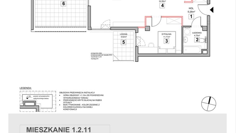 Rzut - Mieszkanie na sprzedaż 2 pokoje o powierzchni 57,27 m² - numer 1.2.11 w Zakątek Harmonia III