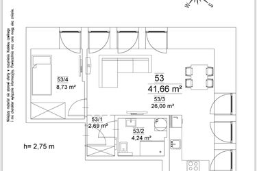 Rzut - Mieszkanie na sprzedaż 2 pokoje o powierzchni 41,66 m² - numer 53 w Osiedle Teatralne 19 - apartamenty inwestycyjne