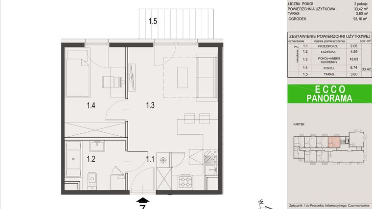 Rzut - Mieszkanie na sprzedaż 2 pokoje o powierzchni 33,42 m² - numer 7.A w Ecco Panorama etap I budynki A, B