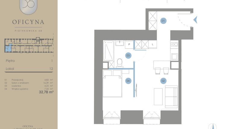 Rzut - Mieszkanie na sprzedaż 1 pokój o powierzchni 32,78 m² - numer 12 w Oficyna - Apartamenty Inwestycyjne Apart Hotel