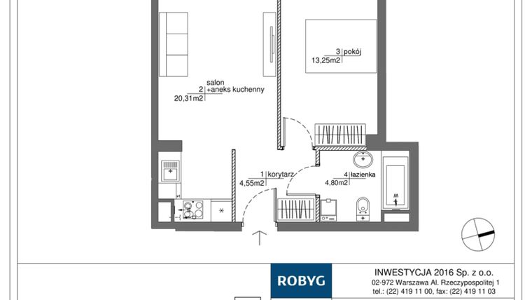 Rzut - Mieszkanie na sprzedaż 2 pokoje o powierzchni 42,91 m² - numer RM/1A/B/4/8 w Rytm Mokotowa - etap 1A