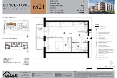Rzut - Mieszkanie na sprzedaż 2 pokoje o powierzchni 43,7 m² - numer B1.21 w Koncertowe Wzgórze