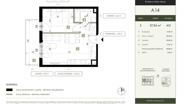 Rzut - Mieszkanie na sprzedaż 2 pokoje o powierzchni 37,86 m² - numer A14 w Quattro Ursynów