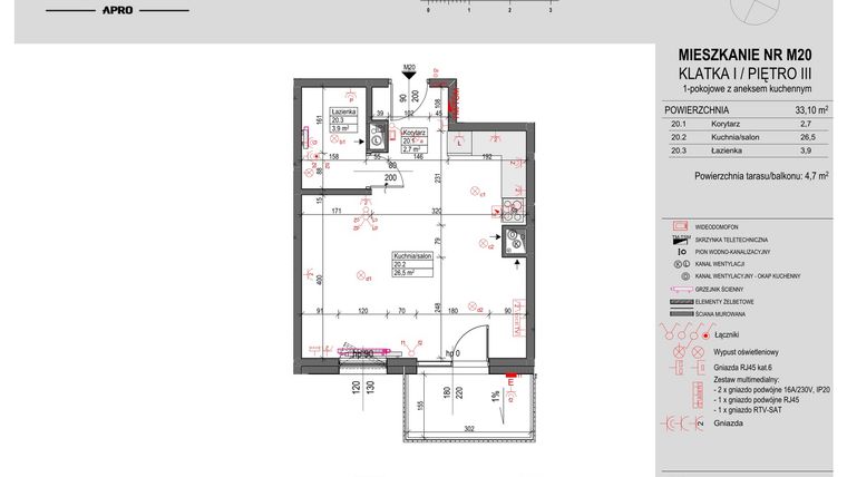Rzut - Mieszkanie na sprzedaż 1 pokój o powierzchni 33,1 m² - numer M20 w Antczaka 46