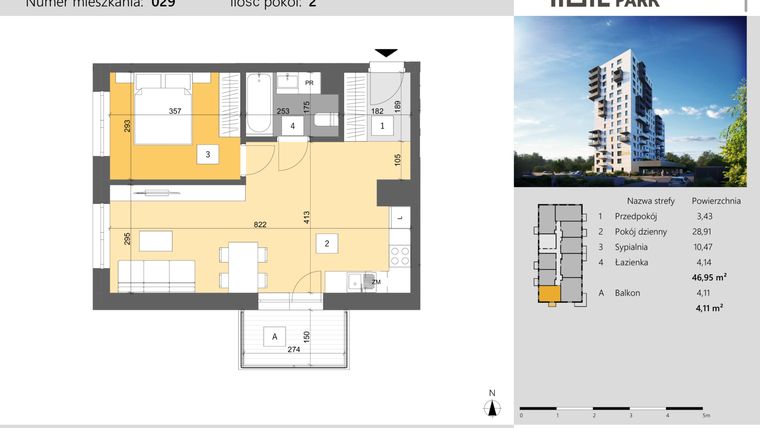Rzut - Mieszkanie na sprzedaż 2 pokoje o powierzchni 46,95 m² - numer 29 w Dworzysko Park - Etap III