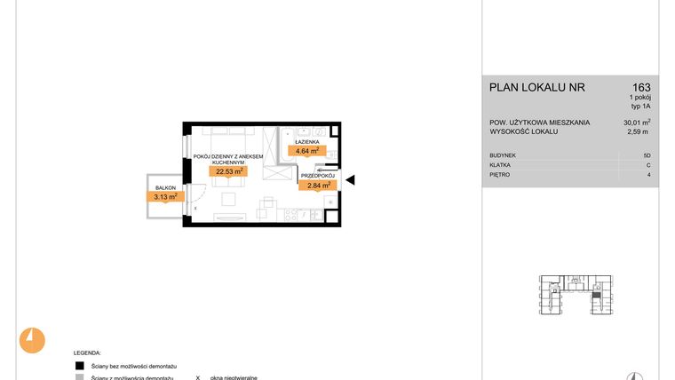 Rzut - Mieszkanie na sprzedaż 1 pokój o powierzchni 30,01 m² - numer 163 w Zenit V