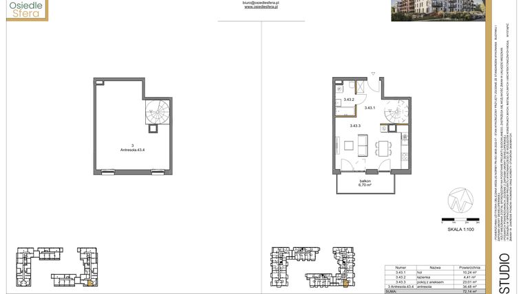 Rzut - Mieszkanie na sprzedaż 1 pokój o powierzchni 72,14 m² - numer 43 w Osiedle Sfera etap II