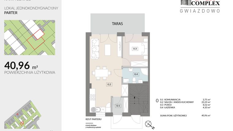 Rzut - Mieszkanie na sprzedaż 2 pokoje o powierzchni 40,96 m² - numer A49.1 w Osiedle Gwiazdowo etap 6B