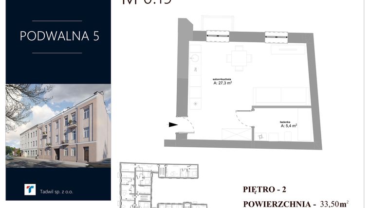 Rzut - Mieszkanie na sprzedaż 1 pokój o powierzchni 33,5 m² - numer M 0.19 w Podwalna 5