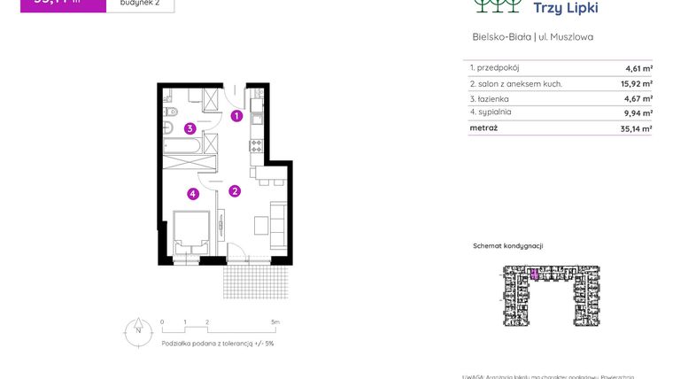Rzut - Mieszkanie na sprzedaż 2 pokoje o powierzchni 35,14 m² - numer 2.A.0.09 w Murapol Trzy Lipki etap II