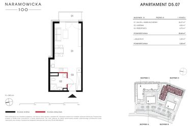 Rzut - Mieszkanie na sprzedaż 1 pokój o powierzchni 35,6 m² - numer D 5.07 w Naramowicka 100