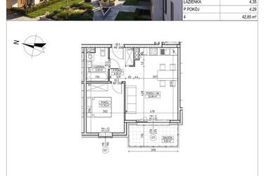 Rzut - Mieszkanie na sprzedaż 2 pokoje o powierzchni 42,85 m² - numer M.B8.01.09 w Osiedle Harmonia bud. B8