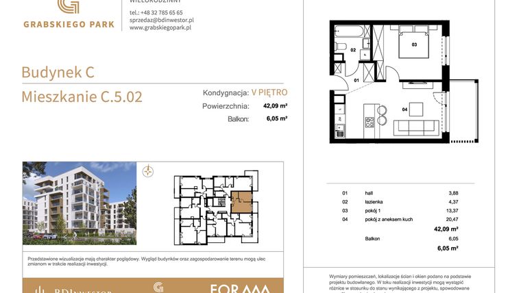 Rzut - Mieszkanie na sprzedaż 2 pokoje o powierzchni 42,09 m² - numer C.5.02 w Grabskiego Park