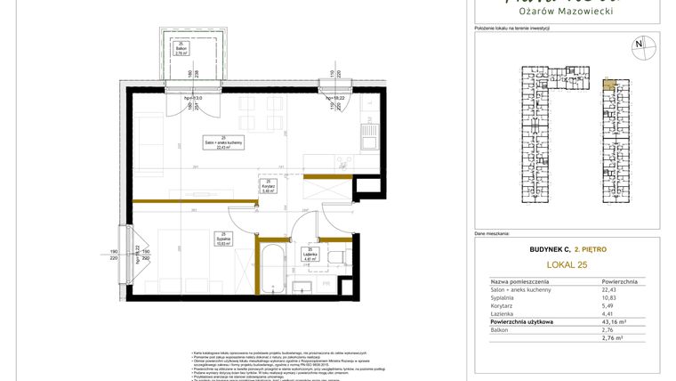 Rzut - Mieszkanie na sprzedaż 2 pokoje o powierzchni 43,16 m² - numer 25 w Aura Nova etap II