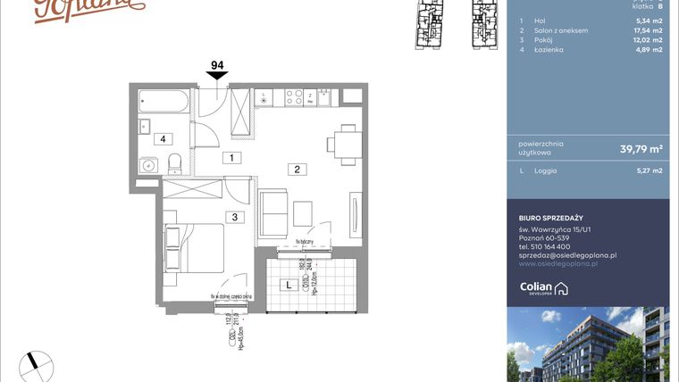 Rzut - Mieszkanie na sprzedaż 2 pokoje o powierzchni 39,79 m² - numer F94 w Goplana budynek F