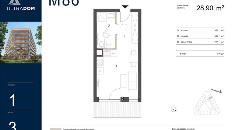 Rzut - Mieszkanie na sprzedaż 1 pokój o powierzchni 28,9 m² - numer M086 w Ultradom