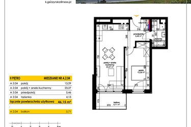 Rzut - Mieszkanie na sprzedaż 2 pokoje o powierzchni 46,15 m² - numer A 2.04 w Park Moniuszki II C