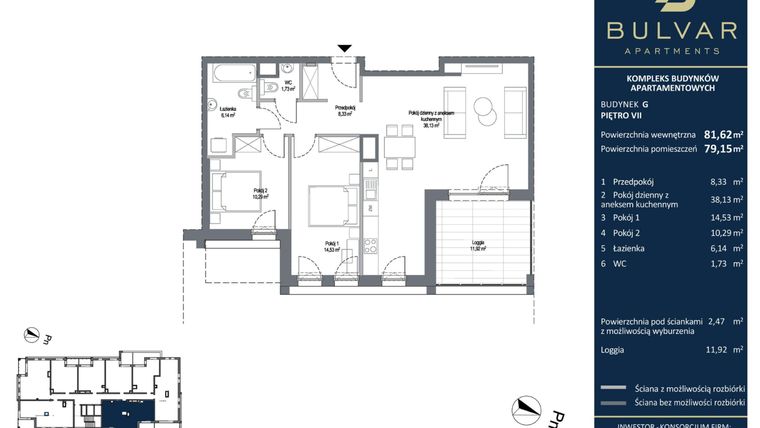 Rzut - Mieszkanie na sprzedaż 3 pokoje o powierzchni 81,79 m² - numer G.8.64 w Bulvar Apartments - etap I