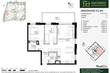 Rzut - Mieszkanie na sprzedaż 3 pokoje o powierzchni 71,71 m² - numer D1.M4 w Apartamenty przy Parku Szczytnickim