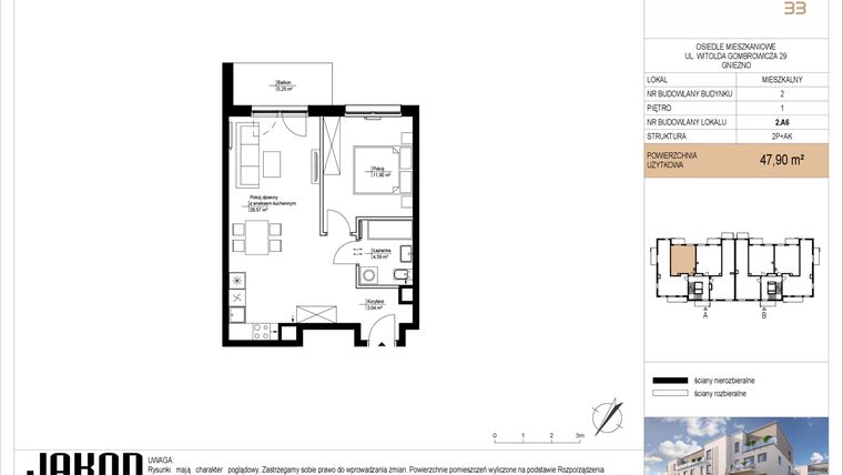 Rzut - Mieszkanie na sprzedaż 2 pokoje o powierzchni 47,9 m² - numer 2.A6 w Gombrowicza 33 - etap II