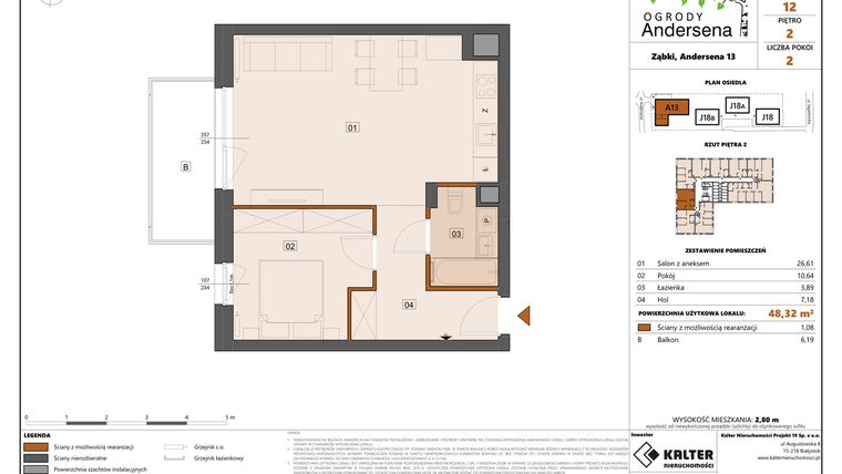 Rzut - Mieszkanie na sprzedaż 2 pokoje o powierzchni 48,32 m² - numer 12A w Ogrody Andersena
